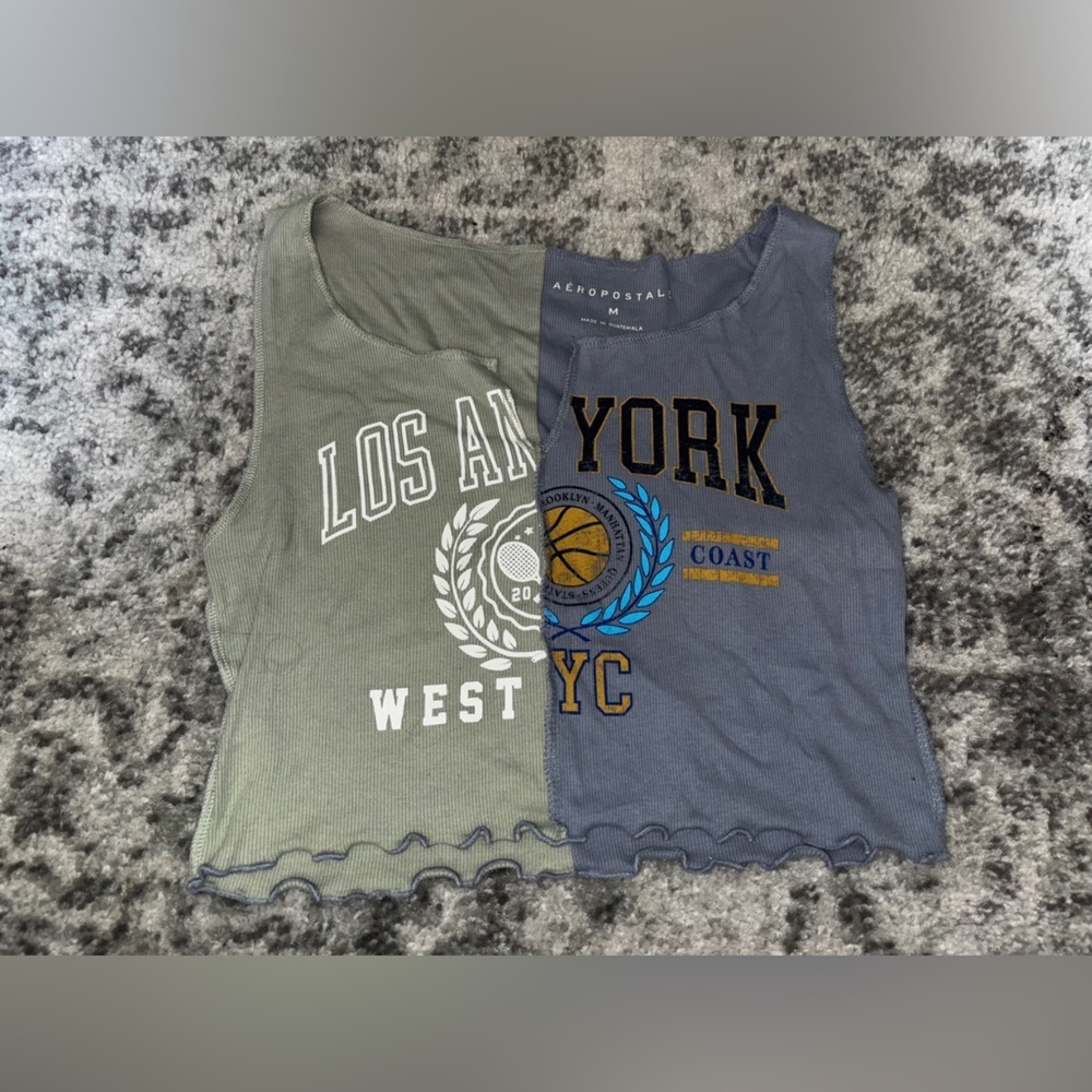 Aeropostale Patchwork Graphic Tank Top NY/LA Ribbed Green Gray Size Medium NWOT
